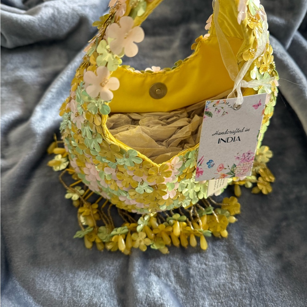 Handcrafted floral beaded hobo bag- Yellow and Green, some Pink